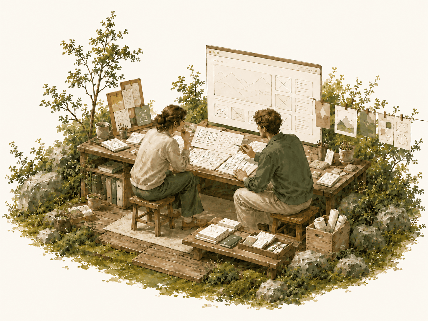To personer diskuterer design og innhold ved et bord